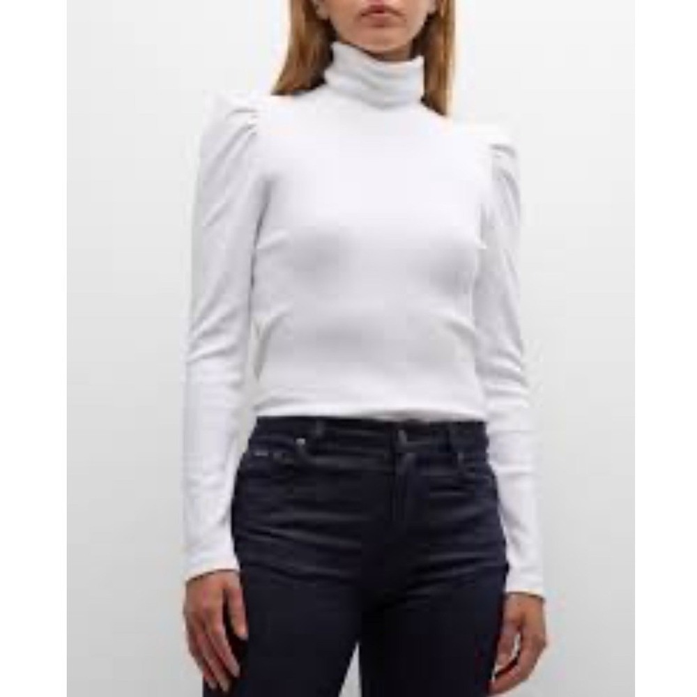 Veronica Beard Jeans Cedar White Puff Sleeve Ribbed Turtleneck Top Pima Cotton S